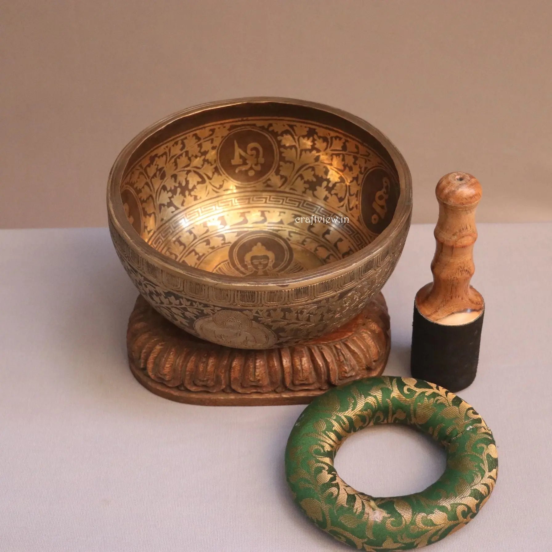 9" Buddhist Hand Beaten Jambati Singing Bowl with Buddha Carving Flower Design Craftsview