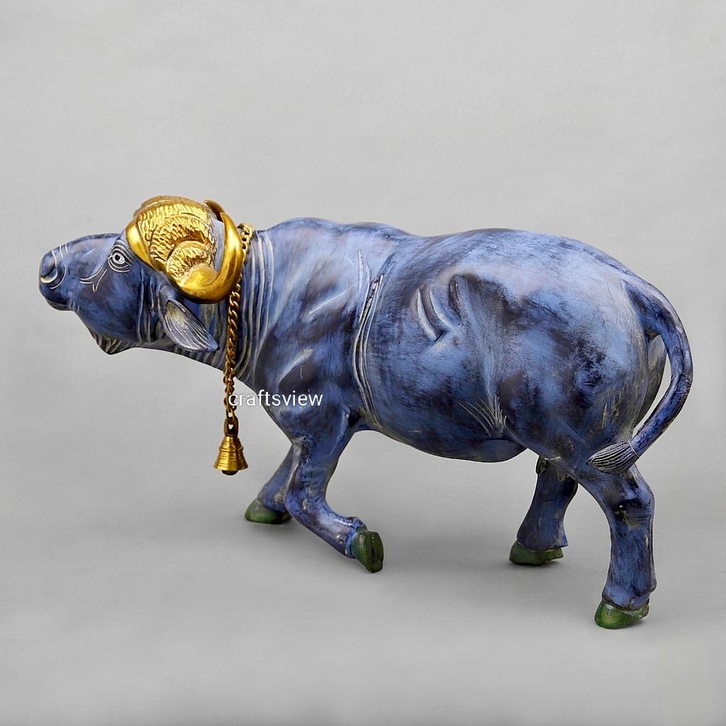 Brass Buffalo with Golden Horns – Antique Blue Finish
